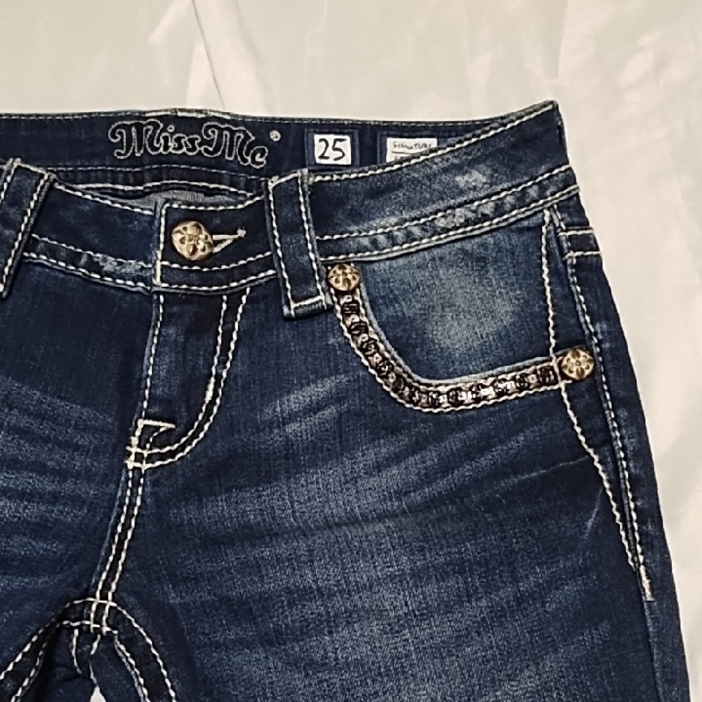 Miss Me Dark Wash Jeans with Embellishments And Flaps On Pockets, Sz 25
